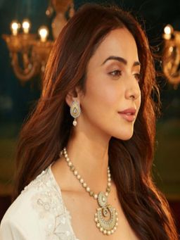 Accessher - Blue Gold-Plated Crescent Moon, Pearls Stones Necklace With Earnings