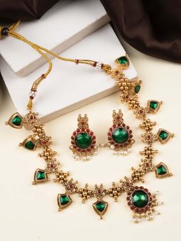 STILEADDA - Gold Plated Green Floral Jewellery Set