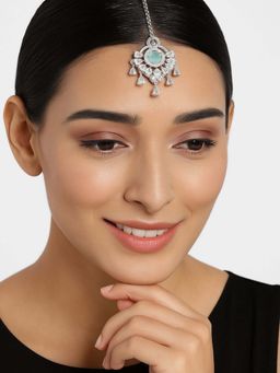 I Jewels - Aqua Silver Plated Cubic Zirconia American Diamond Studded Maang Tikka