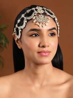 I Jewels - Gold Plated White Kundan Studded Matha Patti