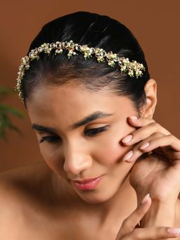 I Jewels - Gold Plated White Kundan Studded And Beaded Sheesh Patti
