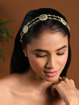 I Jewels - Gold Plated Green Kundan Studded And Beaded Sheesh Patti