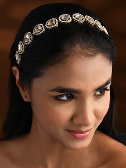 I Jewels - Gold Plated White Kundan Studded And Beaded Sheesh Patti