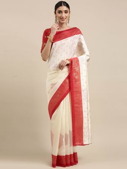 Sareemall - Off White Festive Silk Blend Printed Saree with Unstitched Blouse
