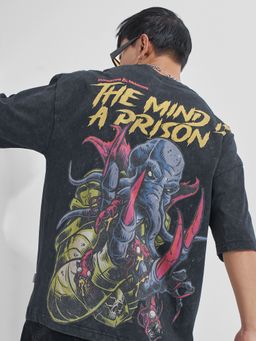 HIGHLANDER - Men Black Round Neck Half Sleeve Oversized T-Shirt