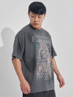 HIGHLANDER - Men Grey Dragon Round Neck Half Sleeve Oversized Graphic T-Shirt
