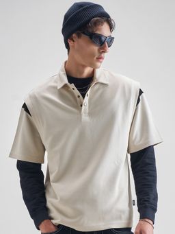 HIGHLANDER - Men Cream Round Neck Half Sleeve Oversized Polo T-Shirt
