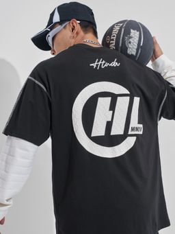 HIGHLANDER - Men Black Round Neck Half Sleeve Oversized Drop Shoulder Graphic T-Shirt