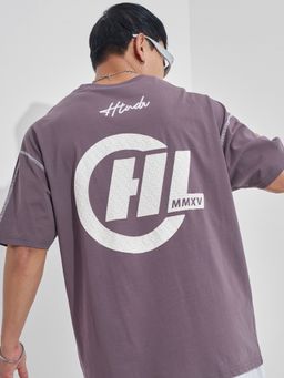 HIGHLANDER - Men Mauve Round Neck Half Sleeve Oversized Drop Shoulder Graphic T-Shirt