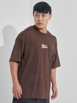 HIGHLANDER - Men Brown Round Neck Half Sleeve Oversized Embroidered T-Shirt