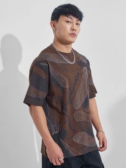 HIGHLANDER - Men Brown Round Neck Half Sleeve Oversized Drop Shoulder Printed T-Shirt