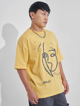 HIGHLANDER - Men Yellow Round Neck Half Sleeve Oversized Graphic T-Shirt