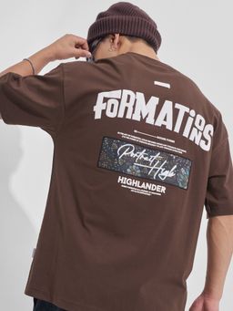 HIGHLANDER - Men Brown Round Neck Half Sleeve Oversized Drop Shoulder Graphic T-Shirt