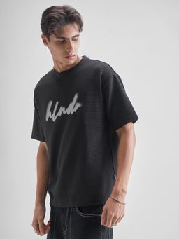 HIGHLANDER - Men Black Round Neck Relaxed Fit Oversized T-Shirt