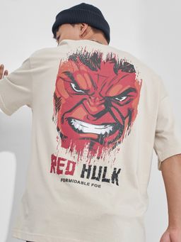 HIGHLANDER - Marvel Hulk Men Cream Round Neck Half Sleeve Oversized Graphic T-Shirt
