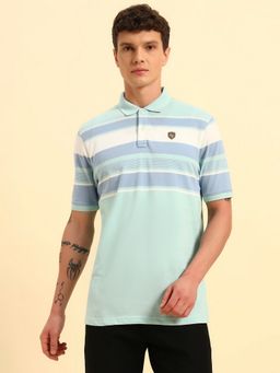 Cantabil - Men Aqua Stripes Cotton Blend Polo T-Shirt