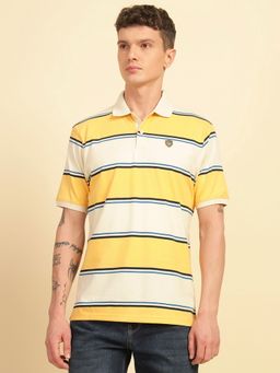 Cantabil - Men Yellow Stripes Cotton Blend Polo T-Shirt