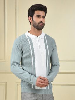 CRIMSOUNE CLUB - Men Green Vertical Stripes Cotton Polo T-Shirt