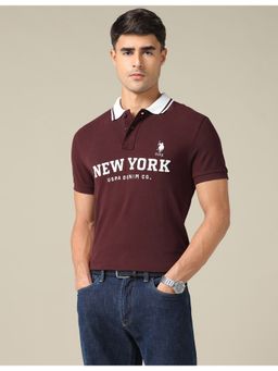 U.S. Polo Assn. Denim Co. - Men Maroon Typographic Printed Muscle Fit Polo T-Shirt
