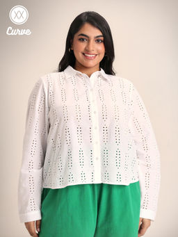 Twenty Dresses by Nykaa Fashion - Curve White Full Sleeves Schiffli Shirt