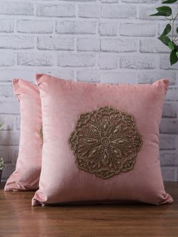 Eyda - Velvet Peach Color Beaded Cushion Cover Set Of 2-18X18 Inch