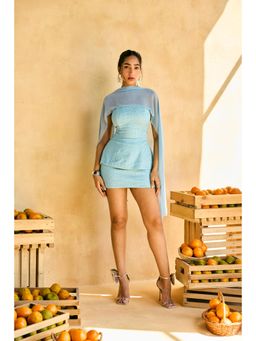 Lea Clothing - Womens Elowen Blue Embossed Satin Mini Skirt