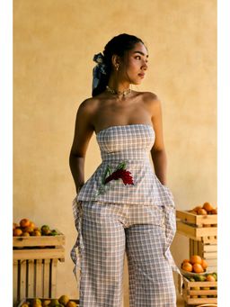 Lea Clothing - Womens Maple Ruffled And Check Embroidered Top