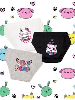 Nusyl - Girls White-Black and Grey Cute Cat Printed Panties (Pack of 3)