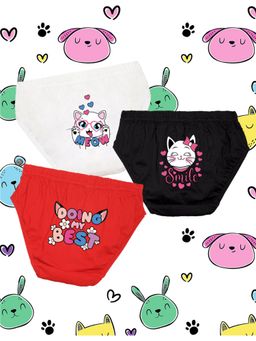 Nusyl - Girls White-Red and Black Cute Cat Printed Panties (Pack of 3)