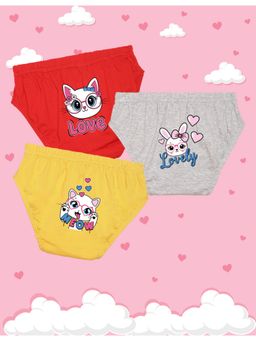 Nusyl - Girls Red-Grey and Yellow Cat- Bunny Printed Panties (Pack of 3)
