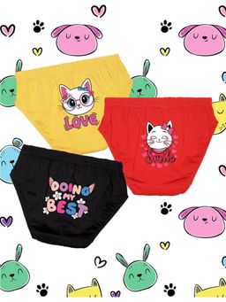 Nusyl - Girls Yellow-Red and Black Cat Face-Text Printed Panties (Pack of 3)