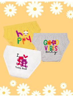 Nusyl - Girls Yellow-Grey and White Teddy Bear Printed Panties (Pack of 3)