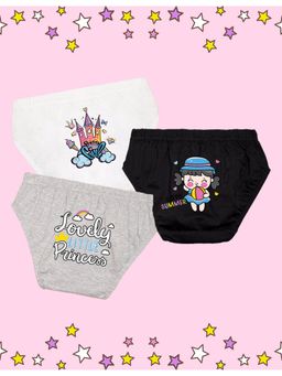 Nusyl - Girls White-Grey and Black Princess Castle Printed Panties (Pack of 3)