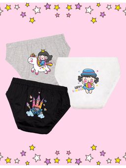 Nusyl - Girls Grey-White and Black Cute Princess-Castle Printed Panties (Pack of 3)