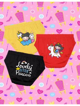 Nusyl - Girls Yellow-Red and Black Princess-Unicorn Printed Panties (Pack of 3)