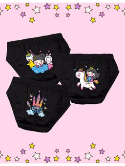 Nusyl - Girls Black Unicorn-Stars and Castle Printed Panties (Pack of 3)