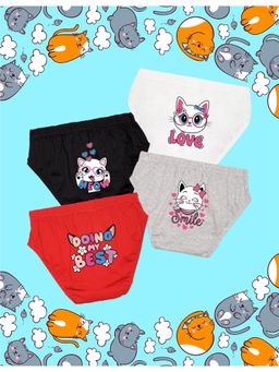 Nusyl - Girls White-Black and Grey-Red Cute Cat Printed Panties (Pack of 4)