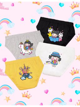 Nusyl - Girls Black-Grey and White-Yellow Cute Girl Printed Panties (Pack of 4)