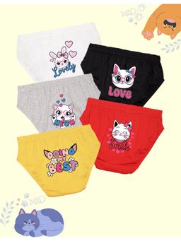 Nusyl - Girls White-Black-Grey-Red and Yellow Kitty Printed Panties (Pack of 5)