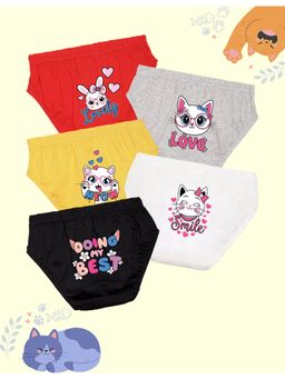 Nusyl - Girls Red-Grey-Yellow-White and Black Kitty Printed Panties (Pack of 5)