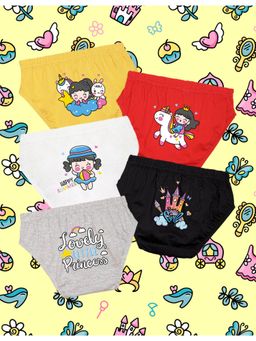 Nusyl - Girls Yellow-Red-White-Black and Grey Printed Panties (Pack of 5)