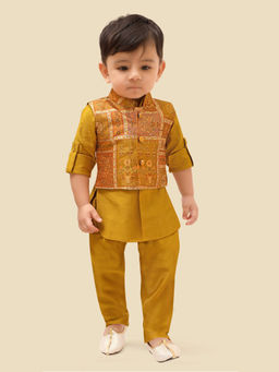 ETHNIKS NEURON - Boys Chanderi Silk Jacket with Kurta and Modern Pyjama (Set of 3)