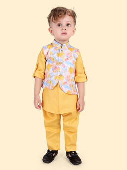 ETHNIKS NEURON - Boys Cotton Geometric Print Jacket Solid Kurta with Pant (Set of 3)