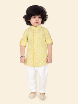 ETHNIKS NEURON - Boys Pure Cotton Indo Yellow Printed Kurta and Pyjama (Set of 2)