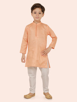 ETHNIKS NEURON - Boys Jacquard Long Sleeves Peach Kurta and Pyjama (Set of 2)