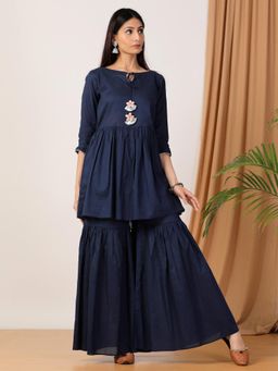 Empress Pitara - Navy Blue Peplum Kurta With Sharara (Set of 2)