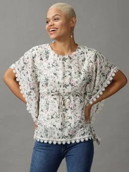 SHOWOFFFF - Womens Short Sleeves Round Neck Cream Printed Top