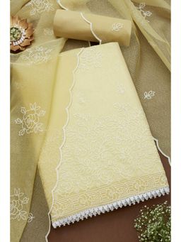 Soch - Women's Light Yellow Kota Embroidered Unstitch Dress Material (Set of 3)