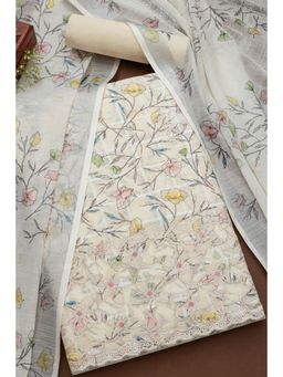Soch - Women's Beige Linen Floral Printed Unstiched Dress Material with Thread Work (Set of 3)