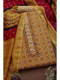 Soch - Women's Mustard Cotton Blend Ethnic Motifs Unstiched Dress Material with Mirror Work (Set of 3)